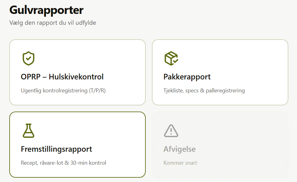 Gulvrapporter i MyBites driftssystem: vælg den rapport, der skal udfyldes — OPRP-hulskivekontrol, pakkerapport, fremstillingsrapport og afvigelse.